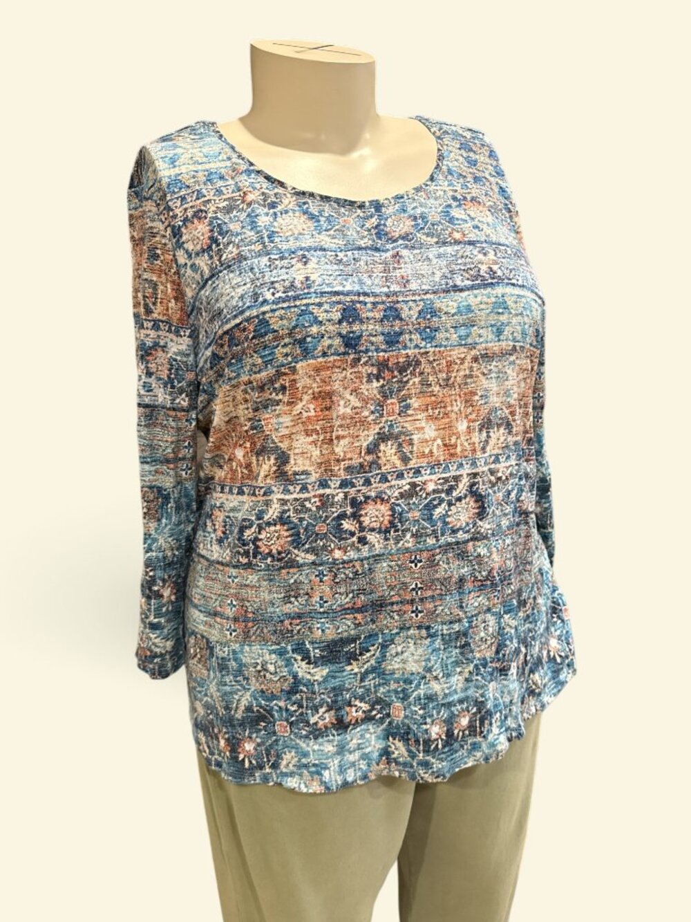 Chico's Zenergy Sz 3 (XL) Blue & Gold Bohemian Scoop Neck 3/4 Sleeve Top - NWT